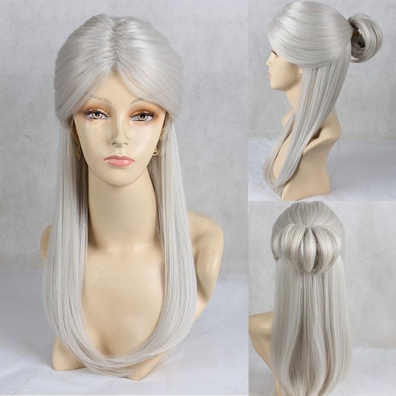 Anime Girl Long Straight Synthetic Silver Hair Cosplay Wig